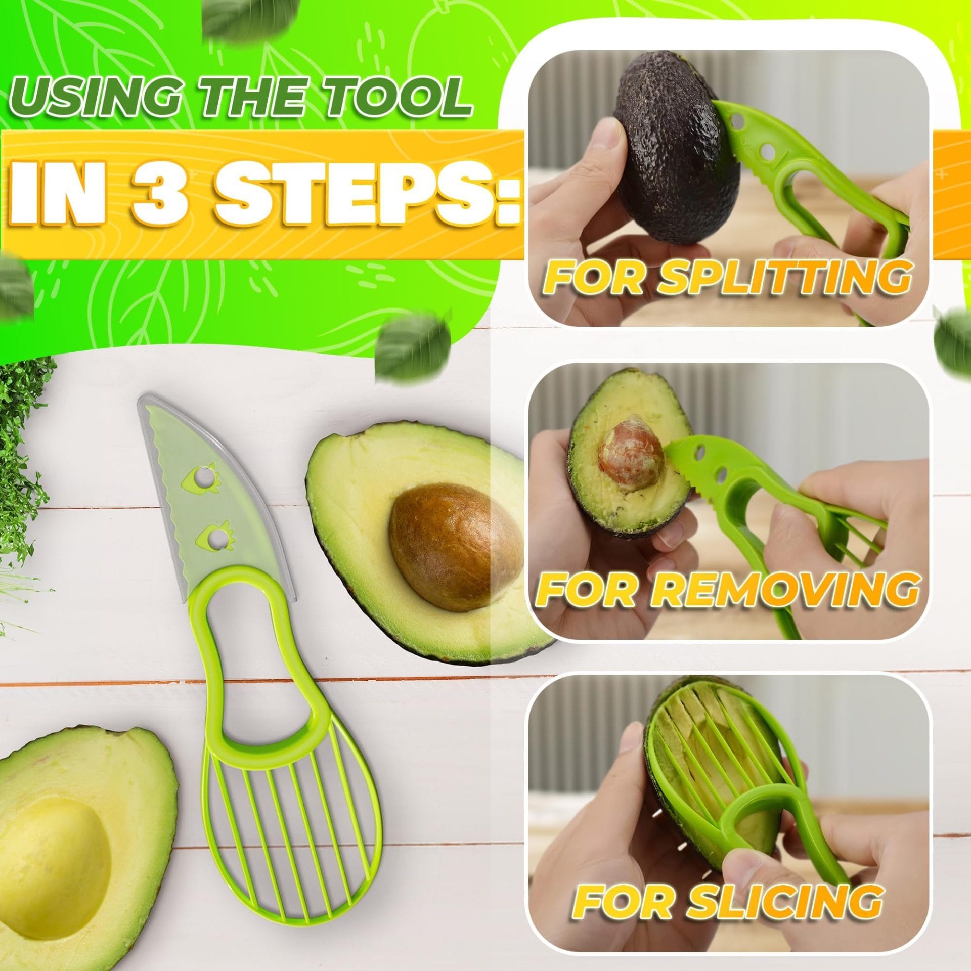 A green 3-in-1 avocado tool designed for splitting, removing the pit, and slicing. The image demonstrates three steps: cutting the avocado open, removing the seed with a pitter, and slicing the flesh into even sections. Perfect for easy avocado preparation