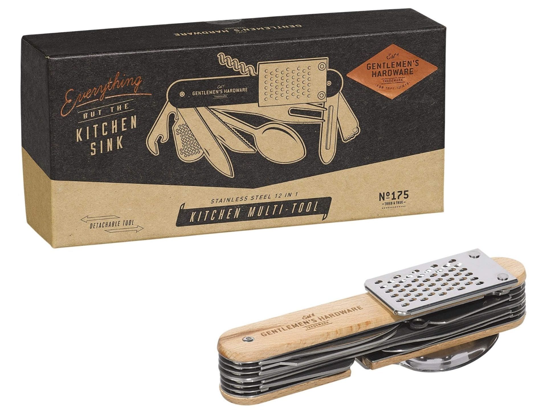 A versatile 12-in-1 kitchen multi-tool from Gentlemen's Hardware, featuring stainless steel utensils and a wooden handle. The tool includes a grater, peeler, bottle opener, corkscrew, and more. The packaging displays an illustration of the tool's various functions with the tagline "Everything but the Kitchen Sink.