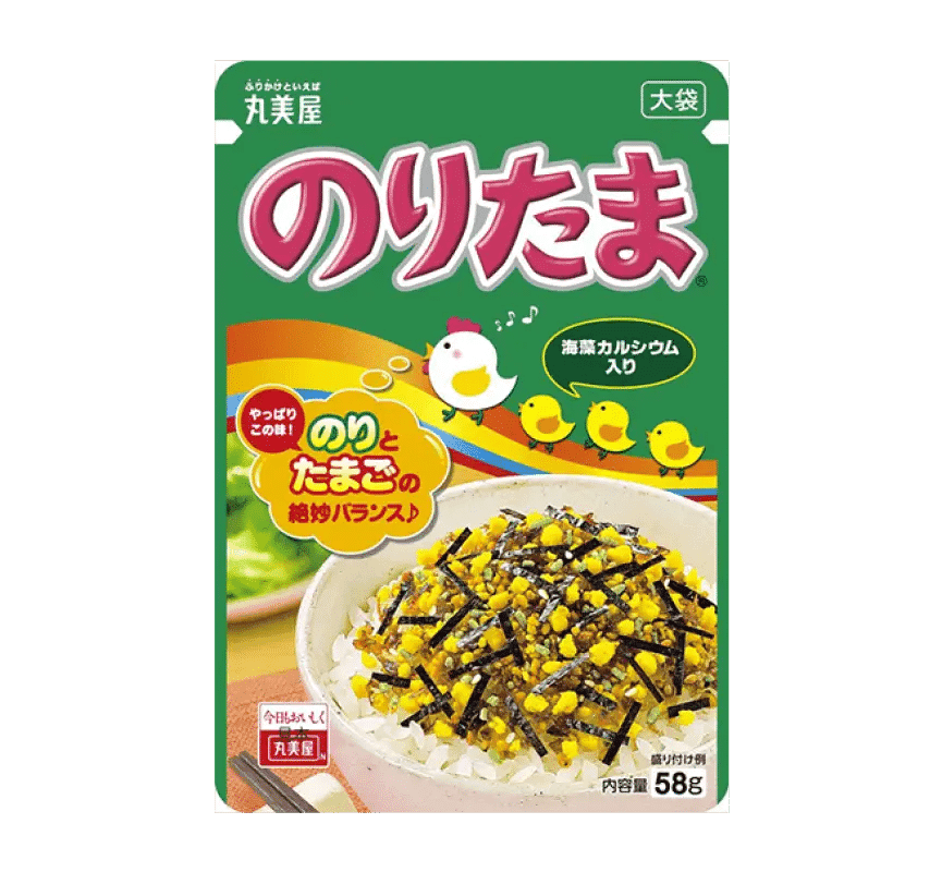Marumiya Noritama Furikake package featuring seaweed and egg flakes for rice seasoning, 58g