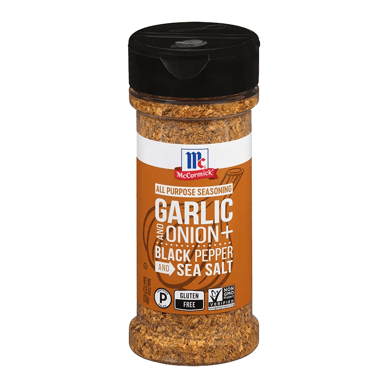 A bottle of McCormick Garlic, Onion, Black Pepper, and Sea Salt All-Purpose Seasoning – a gluten-free spice blend for enhancing the flavor of various dishes.