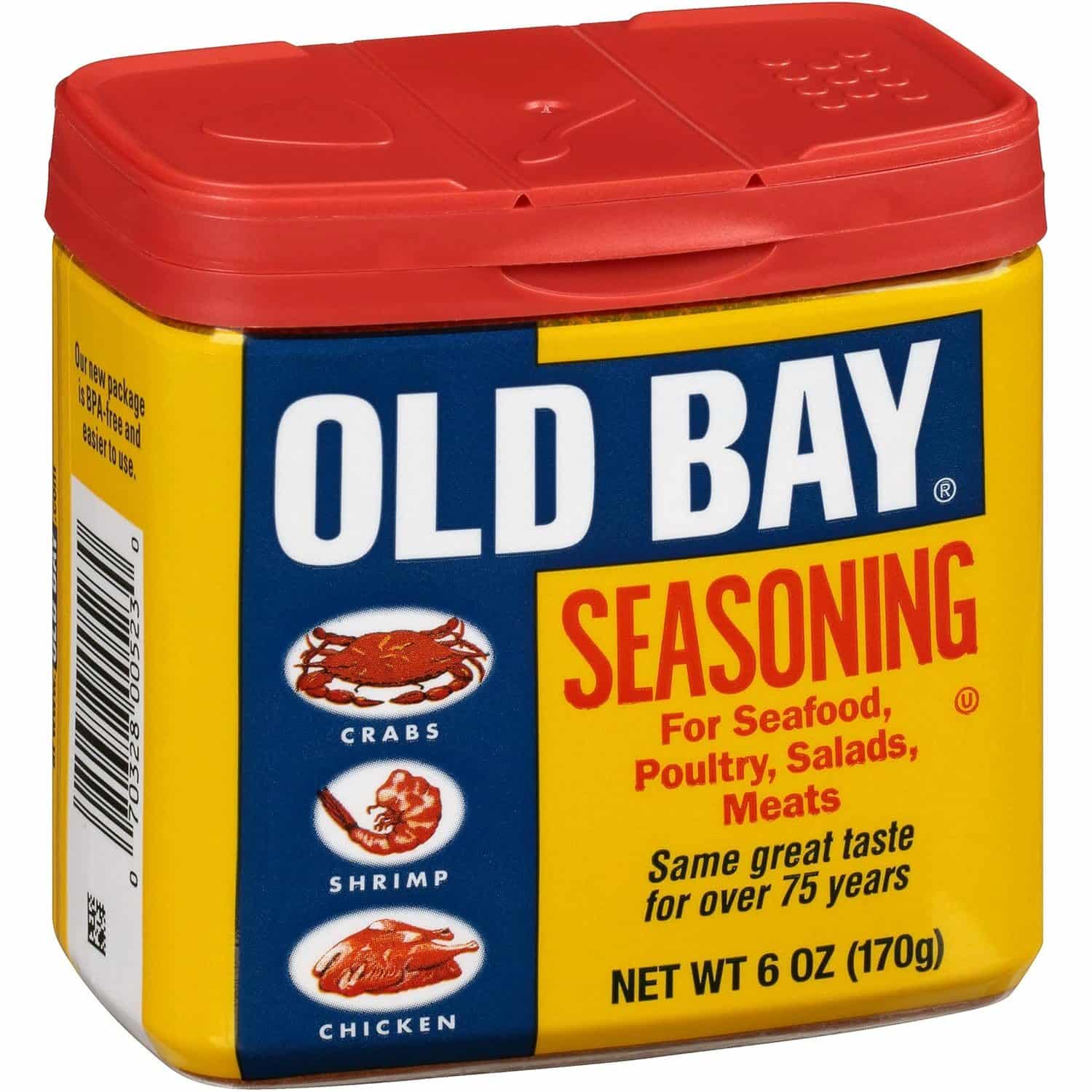 Old Bay Seasoning in a 6 oz (170g) container with a red lid, labeled for seafood, poultry, salads, and meats, featuring crab, shrimp, and chicken icons