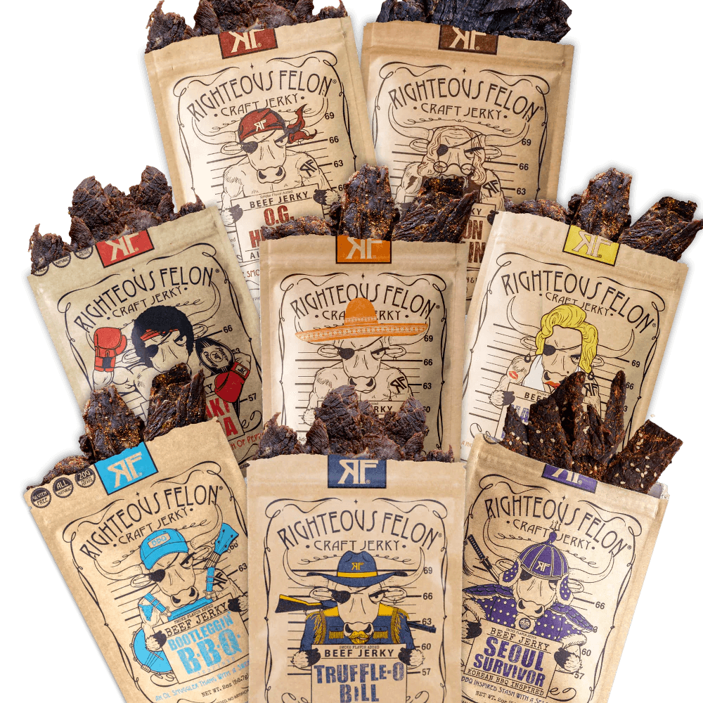 Righteous Felon Craft Jerky variety pack featuring unique flavors like OG Hickory, Truffle-O Bill, Seoul Survivor, and more with distinctive illustrated packaging