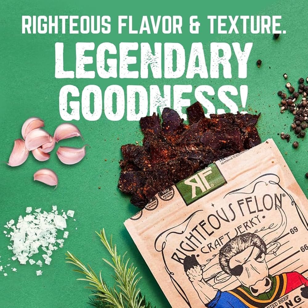 Righteous Felon Jerky Review – Premium craft beef jerky with bold flavor, featuring garlic, rosemary, and pepper seasoning
