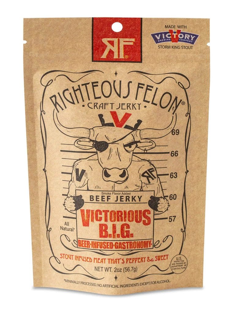 Righteous Felon Victorious B.I.G. Craft Jerky with Victory Storm King Stout infusion, featuring bold packaging design with a peppery and sweet flavor profile.