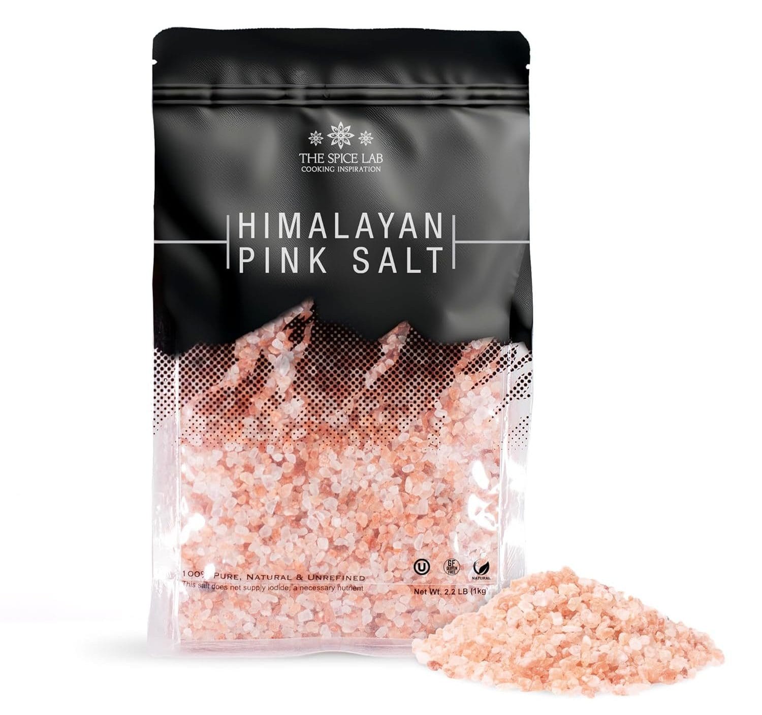 The Spice Lab Himalayan Pink Salt in a 2.2 lb (1 kg) resealable bag, 100% pure, natural, and unrefined gourmet salt with coarse grains.