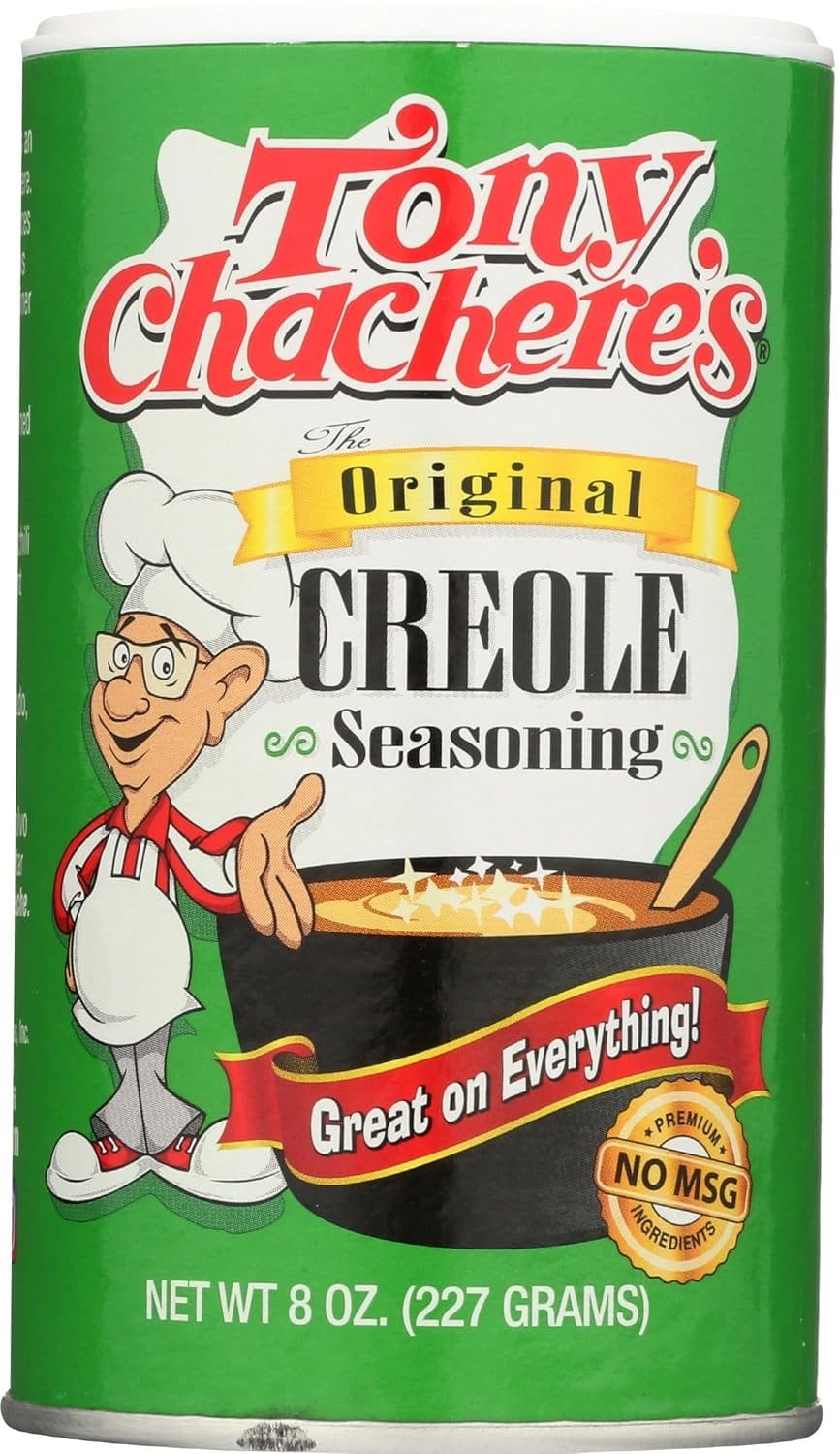Tony Chachere's Original Creole Seasoning in an 8 oz (227g) green can featuring a cartoon chef, labeled 'Great on Everything!' and 'No MSG'.