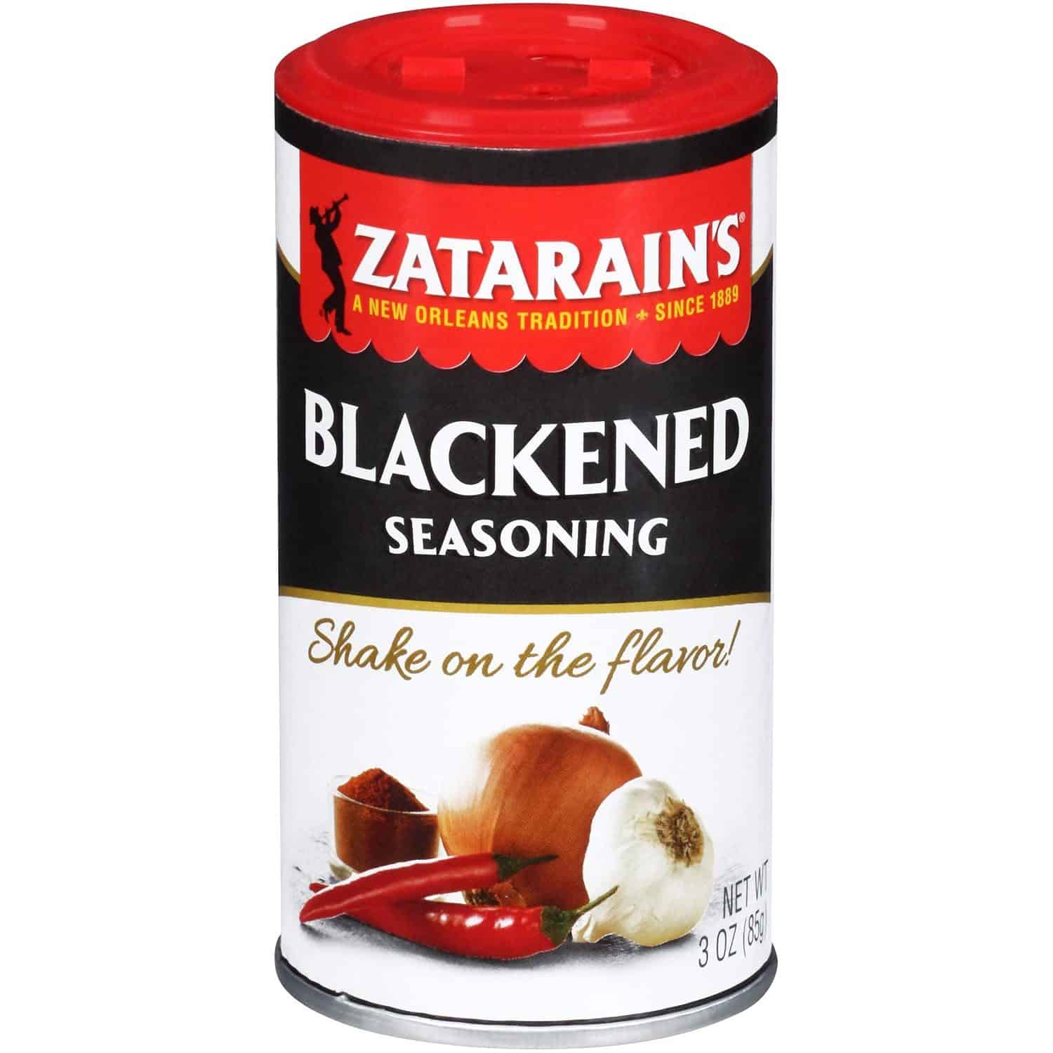 Zatarain's Blackened Seasoning in a 3 oz (85g) can with a red lid, featuring the slogan 'Shake on the flavor!' and images of chili peppers, garlic, and onion.